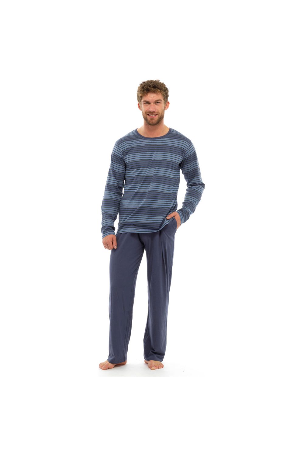 Tom Franks Mens Blue Pyjama Set Long Sleeve Striped Top