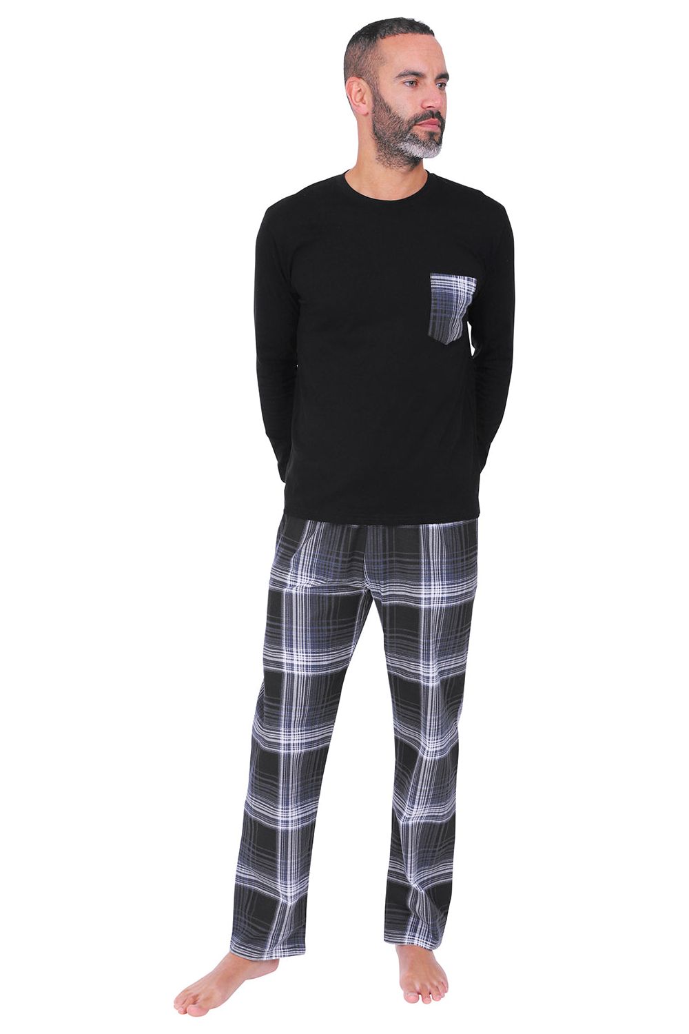 Mens Black And White Checked Long Pyjama Set