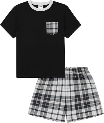 Girls Black And Grey Check Short Pyjama Set