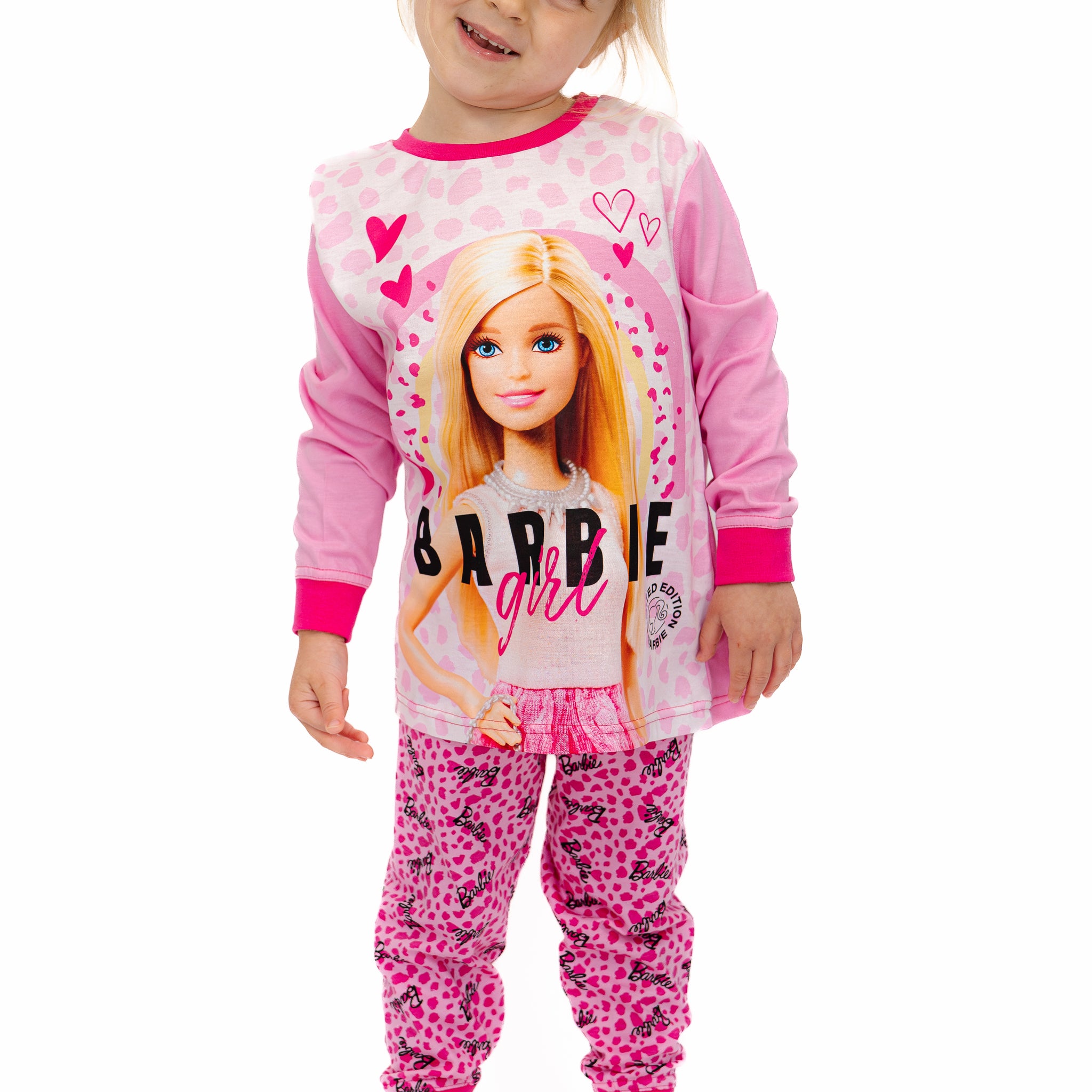 Girls Barbie Girl Long Leopard Print Pink Pyjamas 3 To 10 Years