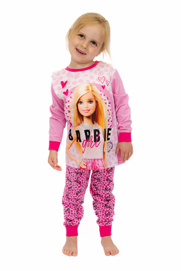 Girls Barbie Girl Long Leopard Print Pink Pyjamas 3 To 10 Years