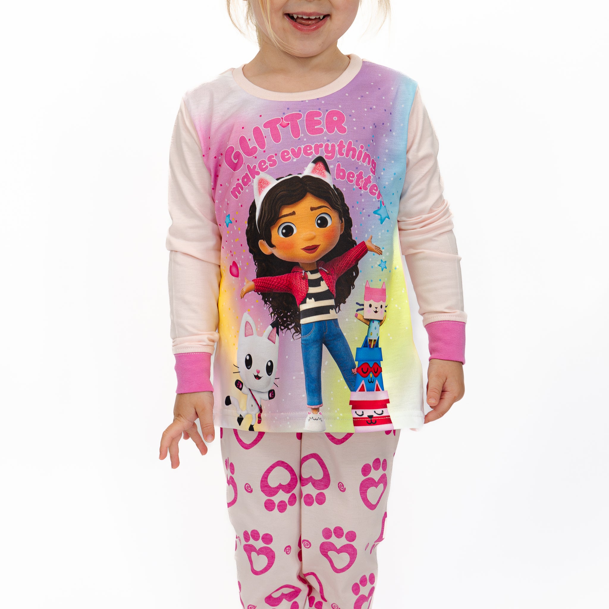 Girls Gabby's Dollhouse 'Glitter Makes Everything Better' Long Pink Pyjama Set