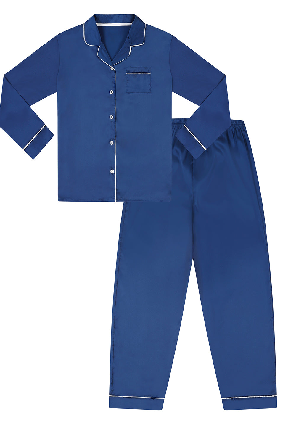 Women's Navy Blue Satin Long Two Piece Pyjama Set