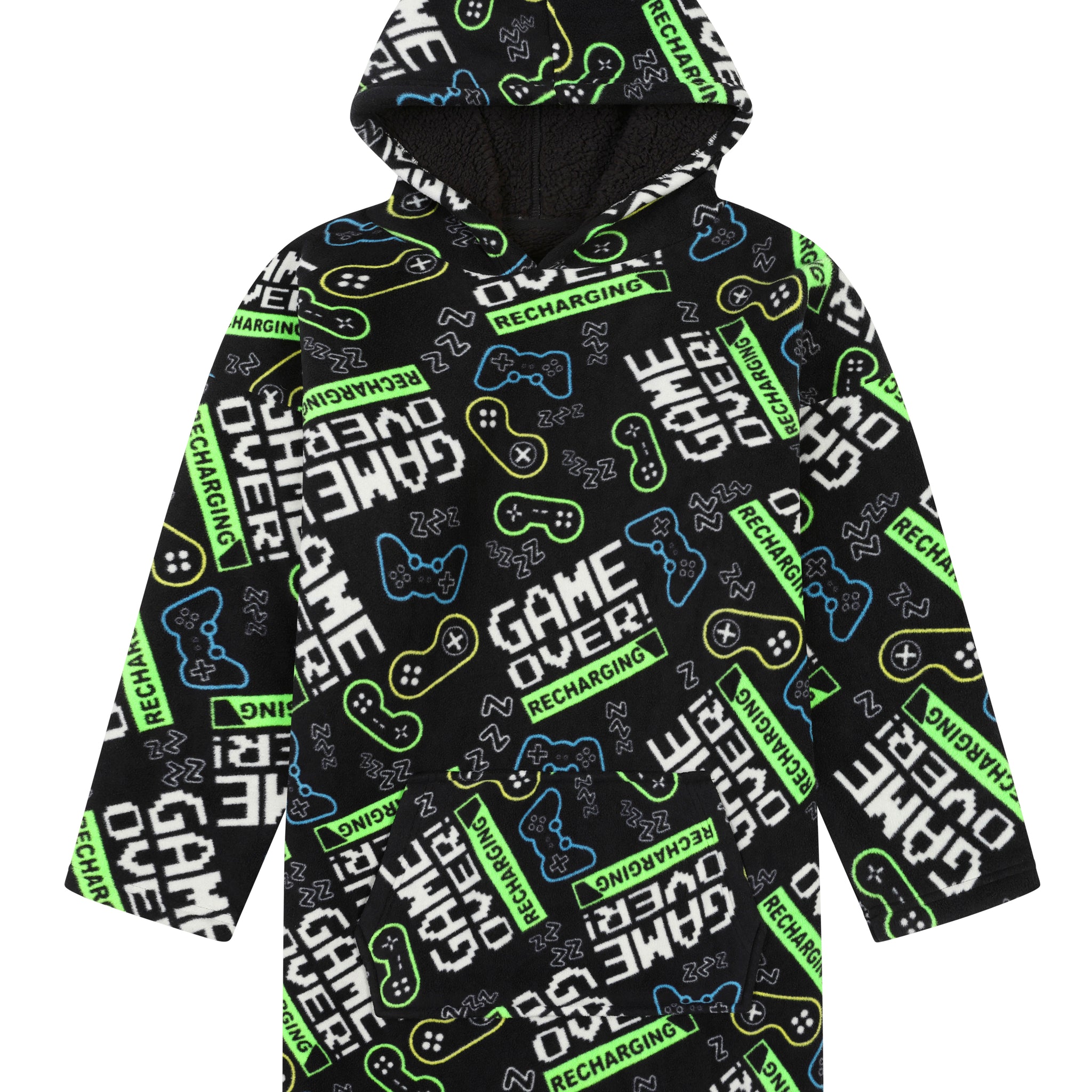 Boys Game Over Black Oversized Fleece Blanket Hoodie