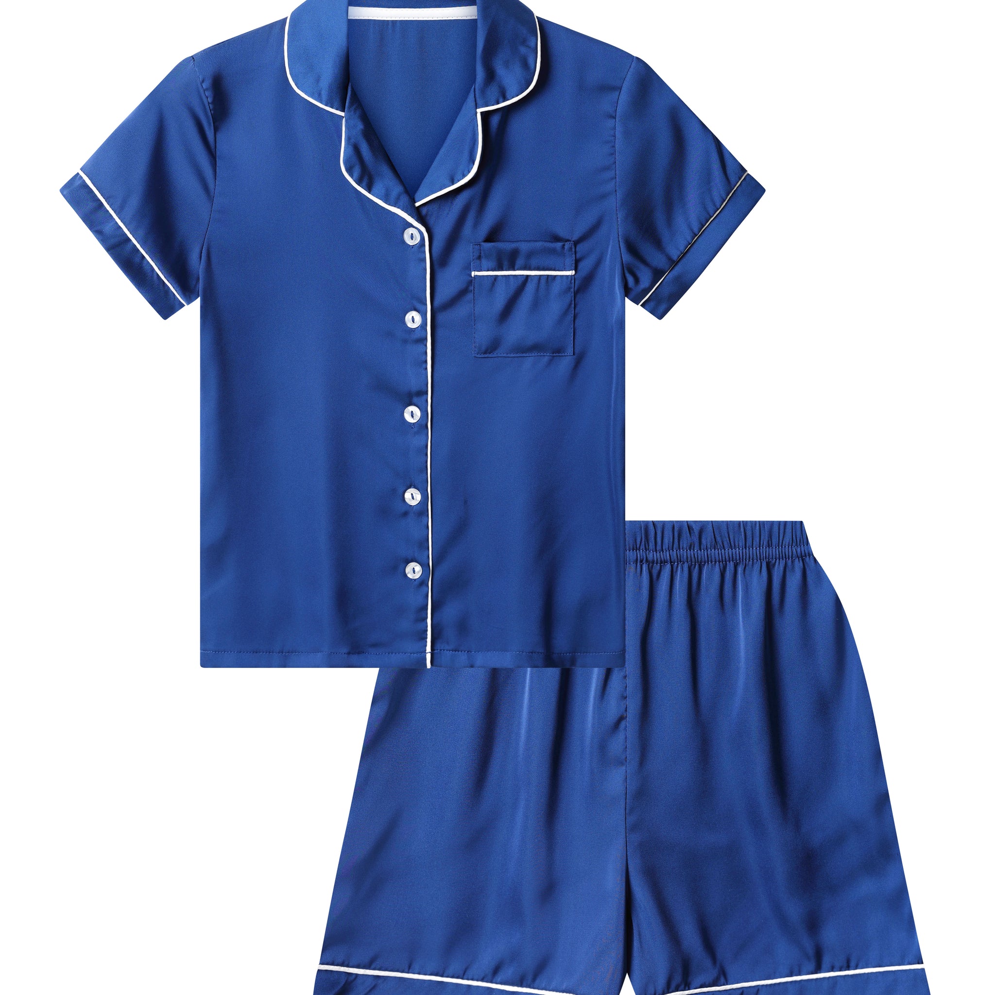 Girl's Navy Blue Satin Short Two Piece Pyjama Set