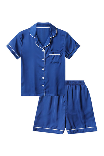 Girl's Navy Blue Satin Short Two Piece Pyjama Set