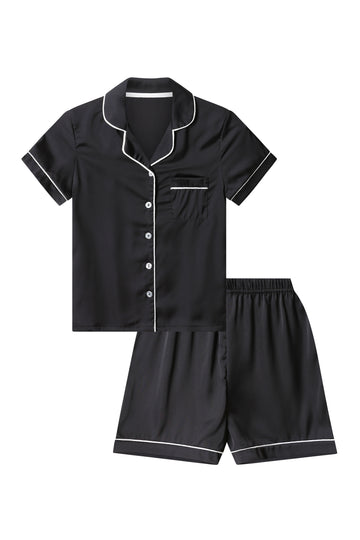 Girl's Black Satin Short Two Piece Pyjama Set