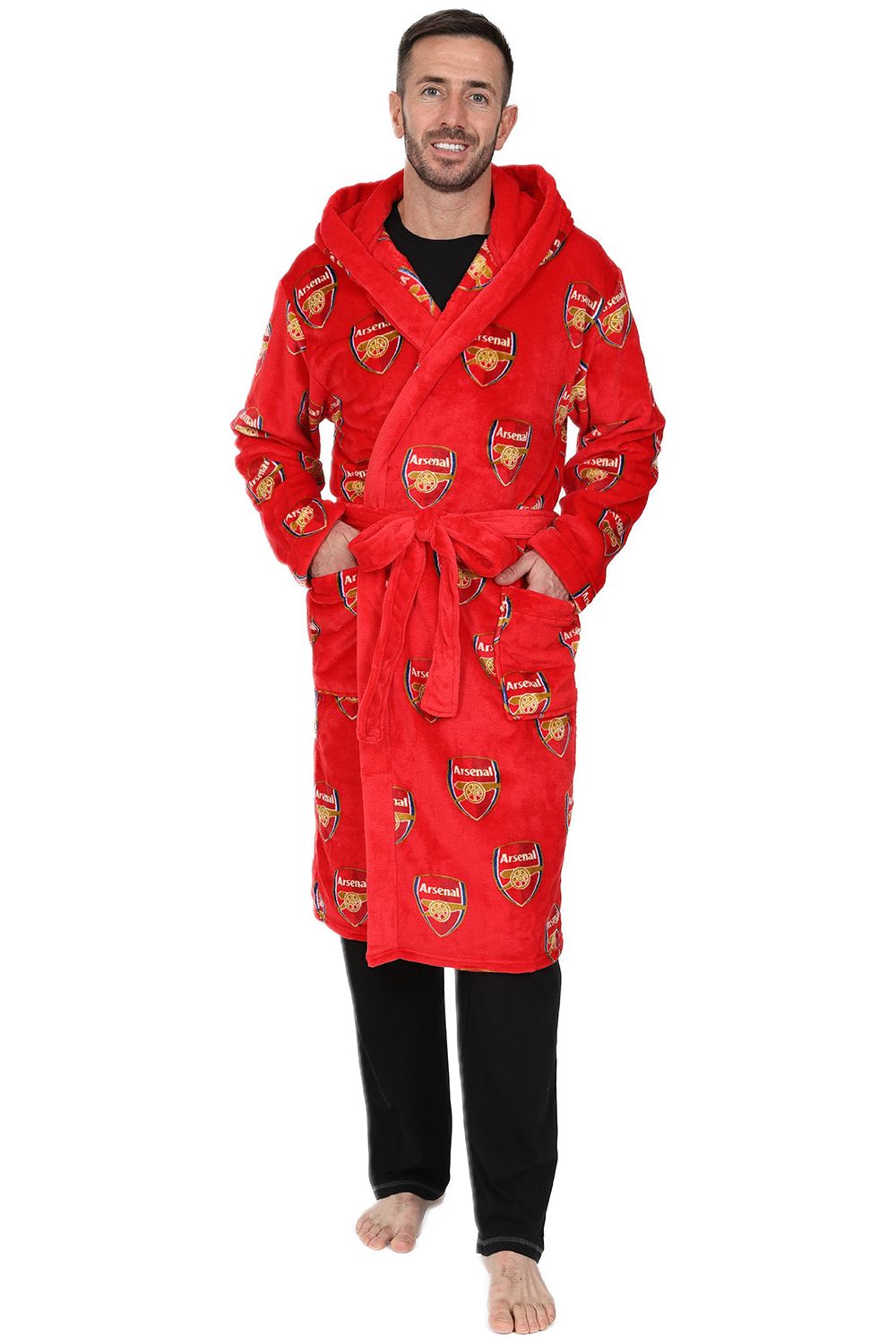 Arsenal F.C. Mens Red Official Dressing Gown Fleece Hooded Robe W23