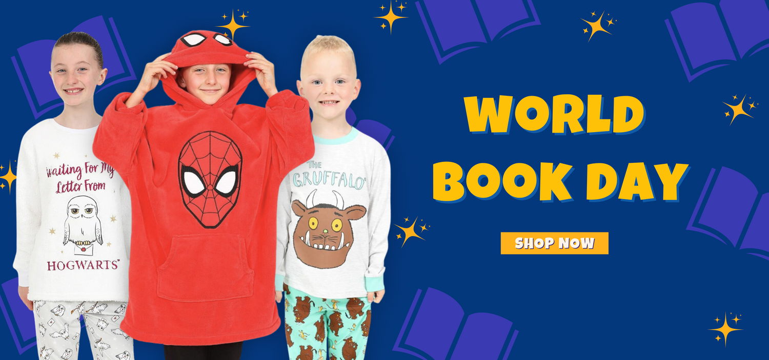 World Book Day Banner featuring 3 children wearing book related pyjamas