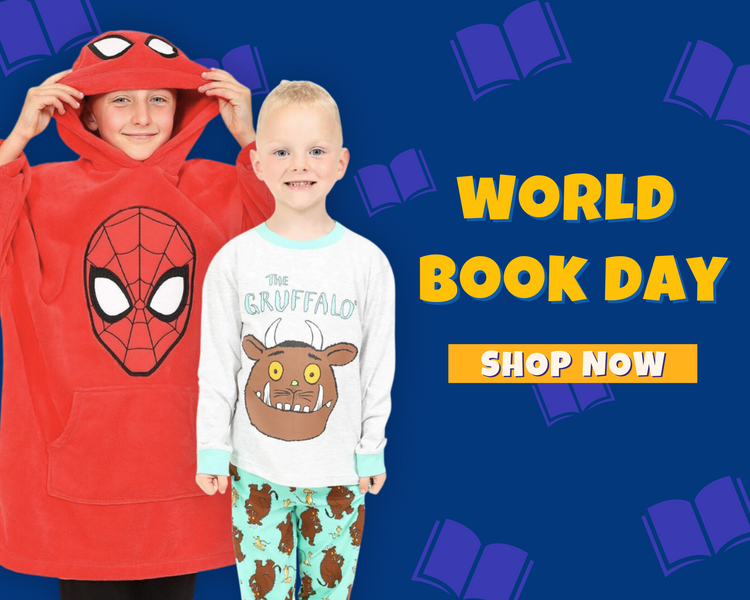 World Book Day Banner featuring 3 children wearing book related pyjamas