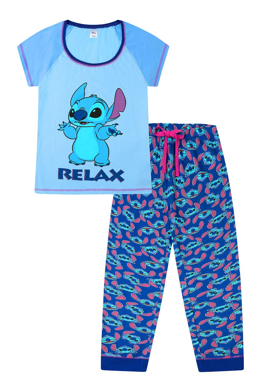 Women's Disney Lilo And Stitch Relax Light Blue Long Pyjamas - Size: 12-14 - Pyjama Factory